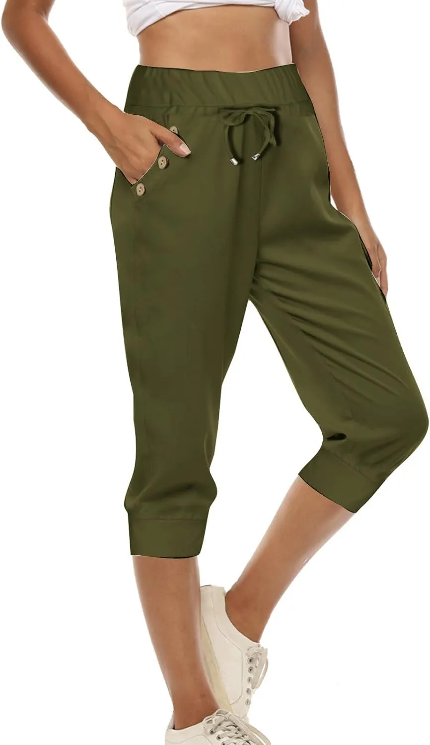 Womens Capri Pants,Womens Capris for Summer,High Waisted Drawstring Yoga Pants Lightweight Joggers with Pockets