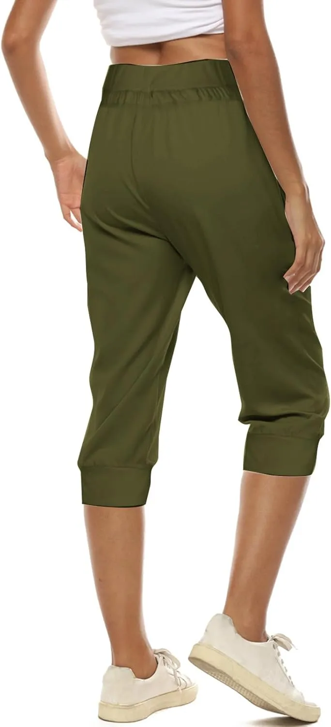 Womens Capri Pants,Womens Capris for Summer,High Waisted Drawstring Yoga Pants Lightweight Joggers with Pockets