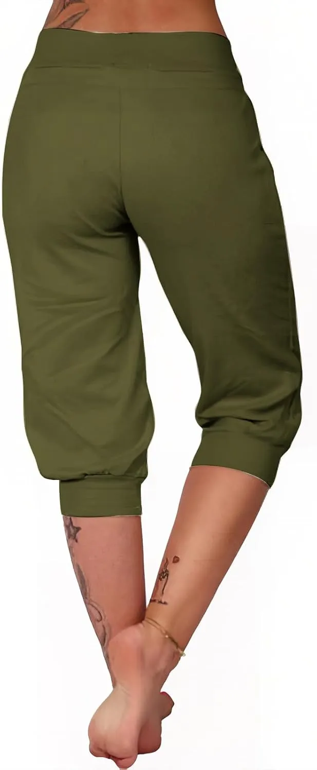 Womens Capri Pants,Womens Capris for Summer,High Waisted Drawstring Yoga Pants Lightweight Joggers with Pockets
