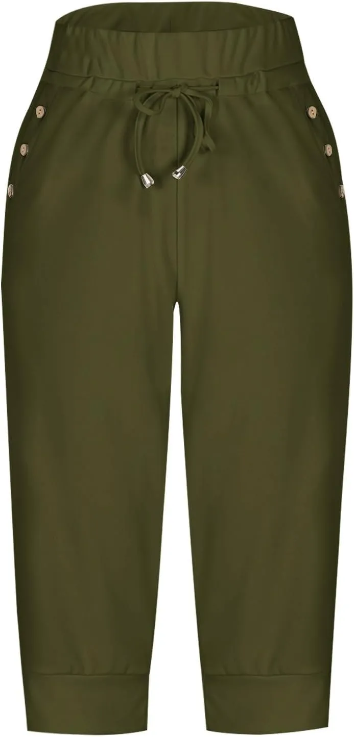 Womens Capri Pants,Womens Capris for Summer,High Waisted Drawstring Yoga Pants Lightweight Joggers with Pockets