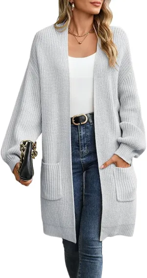 Womens Cardigan Sweaters Plus Size Fall Long Lantern Sleeve Chunky Open Front with Pockets(S-XL)