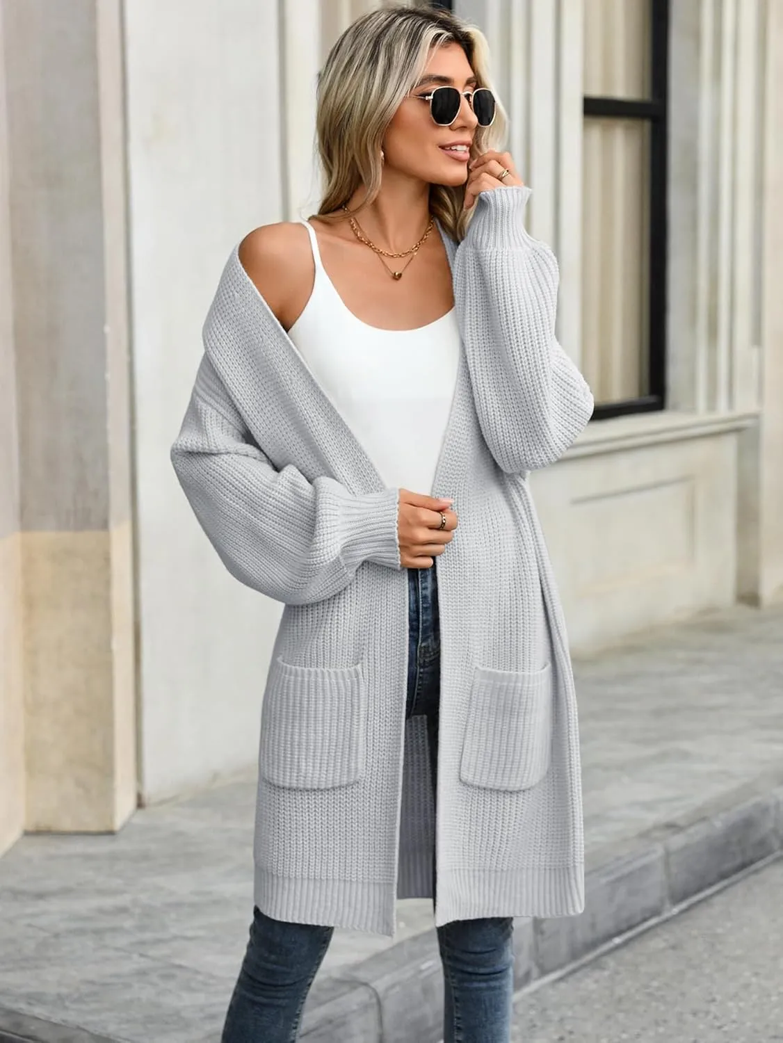 Womens Cardigan Sweaters Plus Size Fall Long Lantern Sleeve Chunky Open Front with Pockets(S-XL)