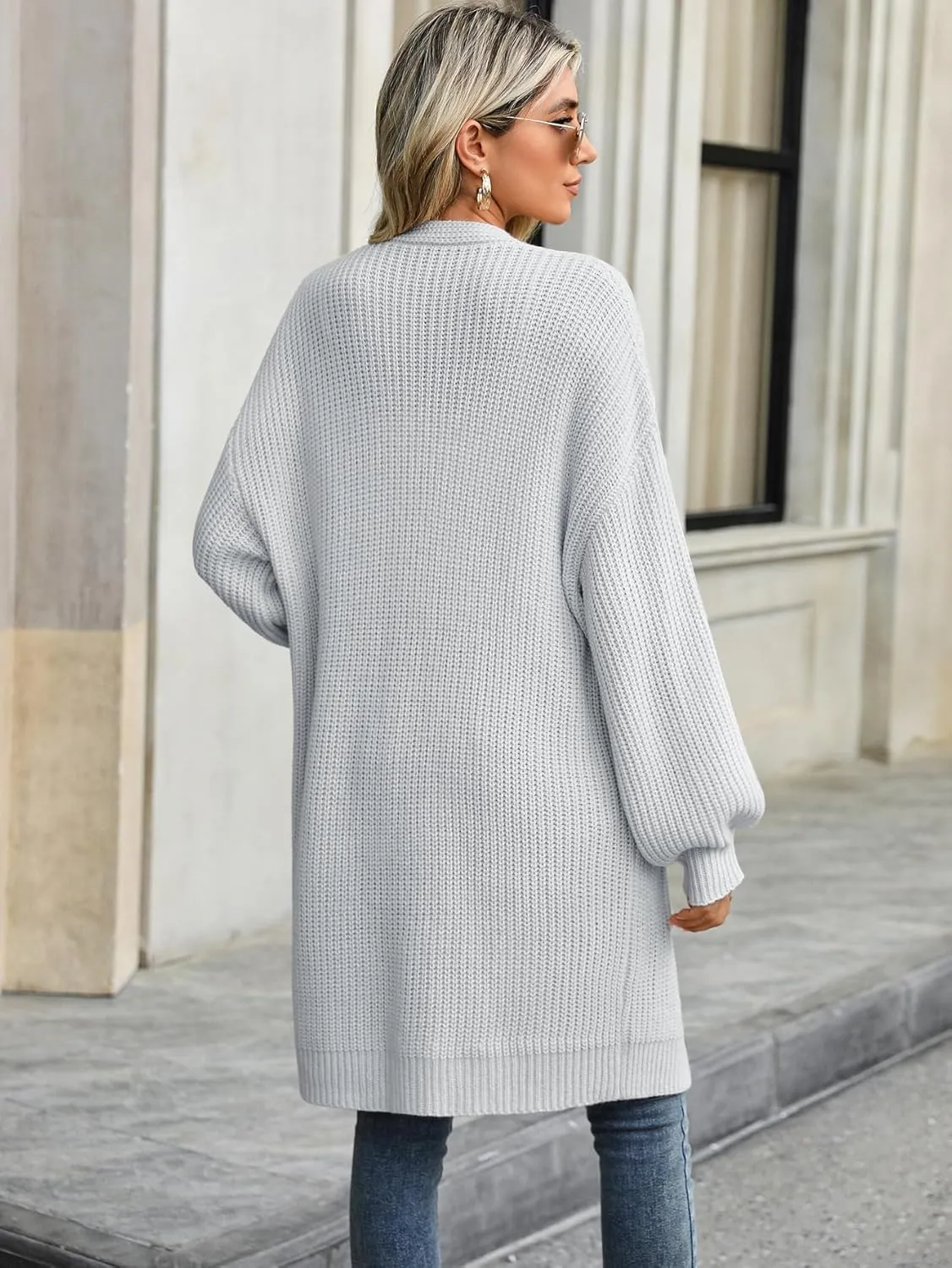 Womens Cardigan Sweaters Plus Size Fall Long Lantern Sleeve Chunky Open Front with Pockets(S-XL)
