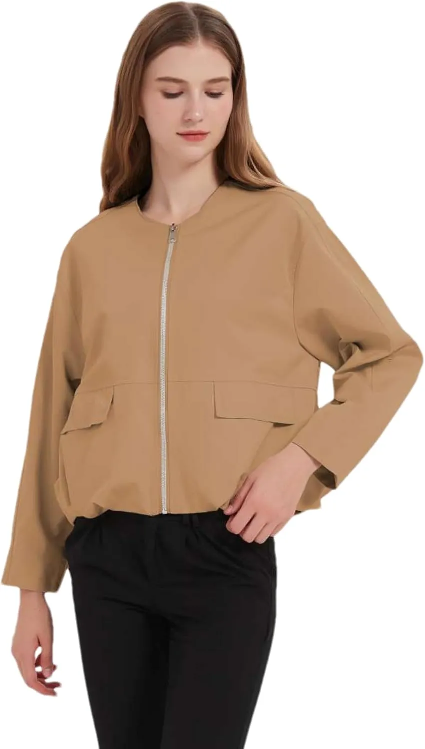 Women's Cropped Bomber Jacket Zip Up Varsity Jackets Shackets with Pockets