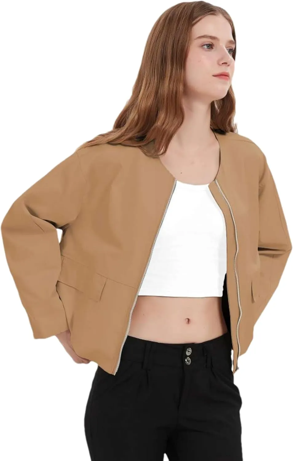 Women's Cropped Bomber Jacket Zip Up Varsity Jackets Shackets with Pockets