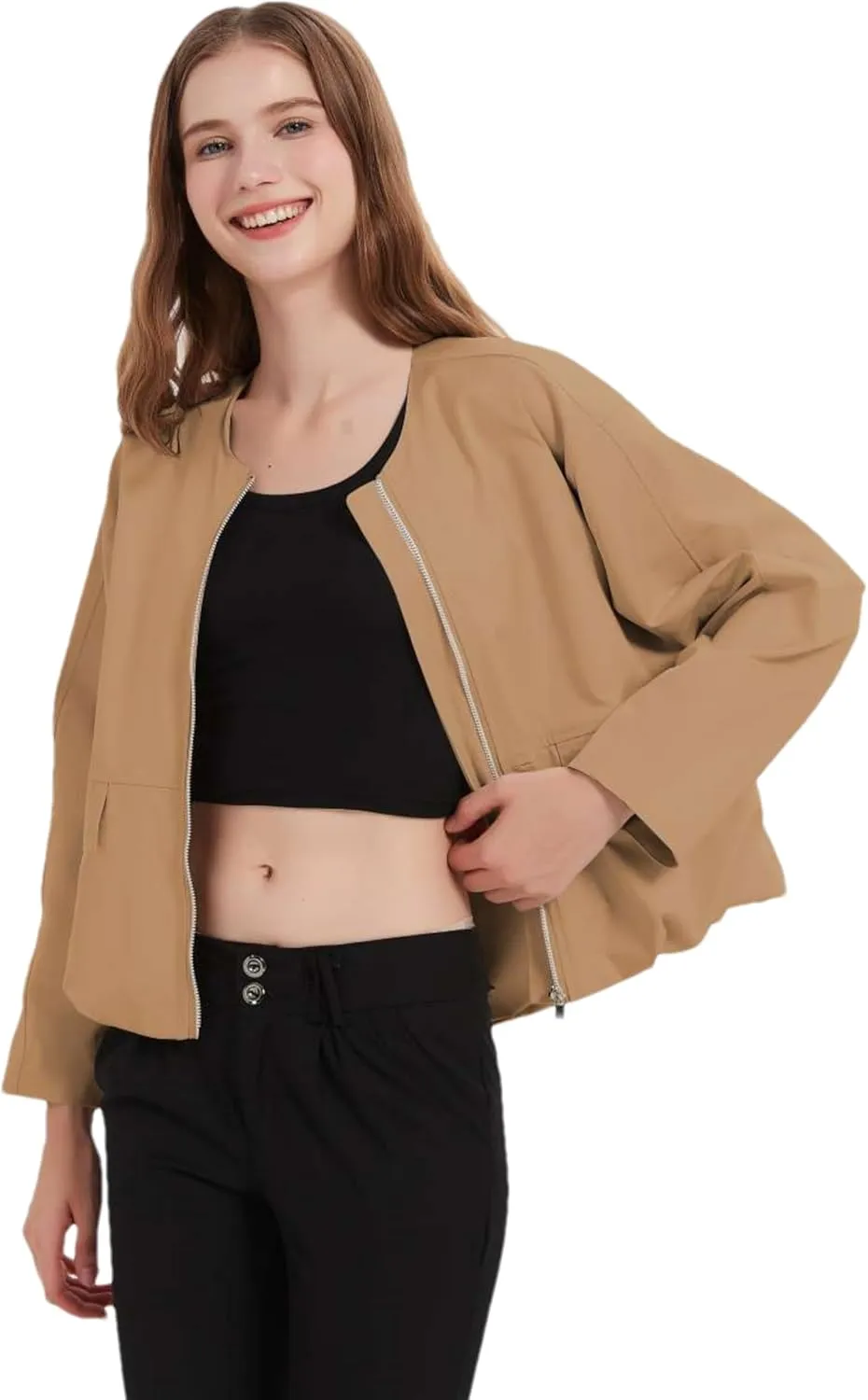 Women's Cropped Bomber Jacket Zip Up Varsity Jackets Shackets with Pockets
