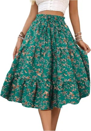 Women's Pleated Skirts Boho Floral Skirt Casual Elastic High Waist Maxi Skirts Flowy A Line Beach Skirt, S-XL