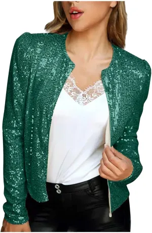 Womens Sequin Blazer Jacket Casual Long Sleeve Open Front Zip Up Sparkle Bomber Jackets for Evening Party