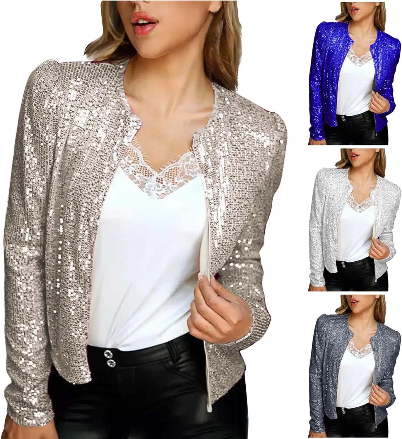 Womens Sequin Blazer Jacket Casual Long Sleeve Open Front Zip Up Sparkle Bomber Jackets for Evening Party