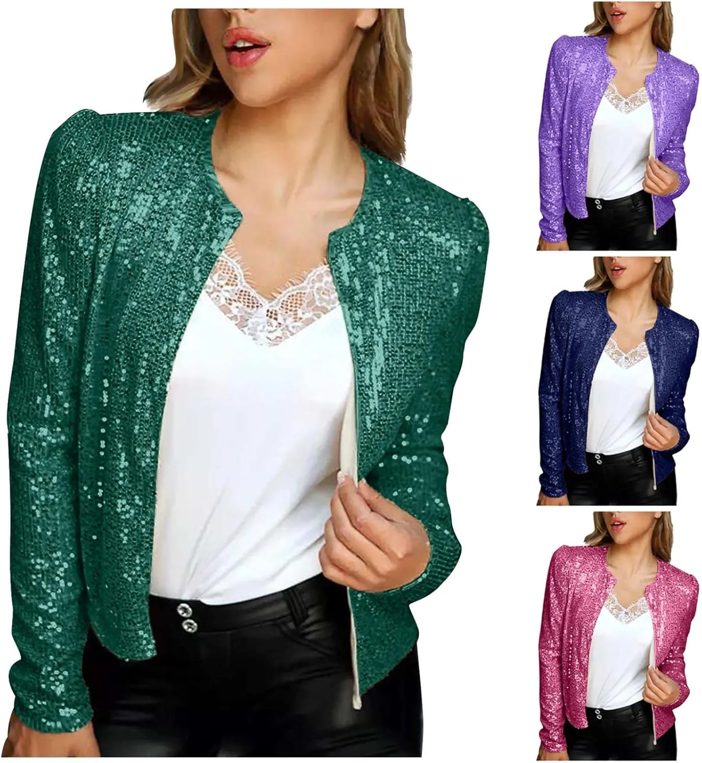 Womens Sequin Blazer Jacket Casual Long Sleeve Open Front Zip Up Sparkle Bomber Jackets for Evening Party