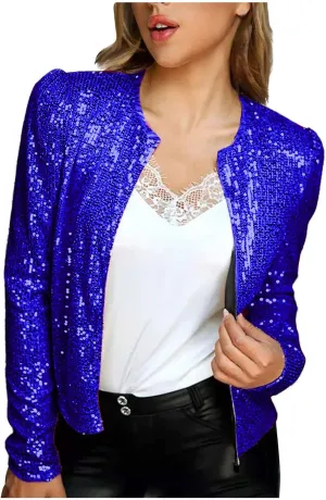 Womens Sequin Blazer Jacket Casual Long Sleeve Open Front Zip Up Sparkle Bomber Jackets for Evening Party