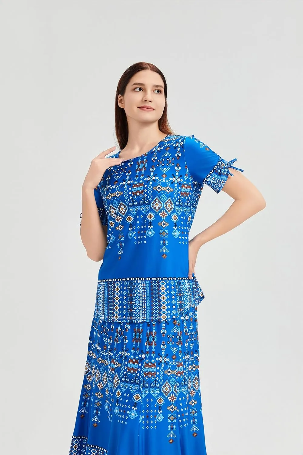 Women's Slim Fit Blue Puff Dot Short Sleeve Round Neck Blouse Casual Comfort for Daily Wear
