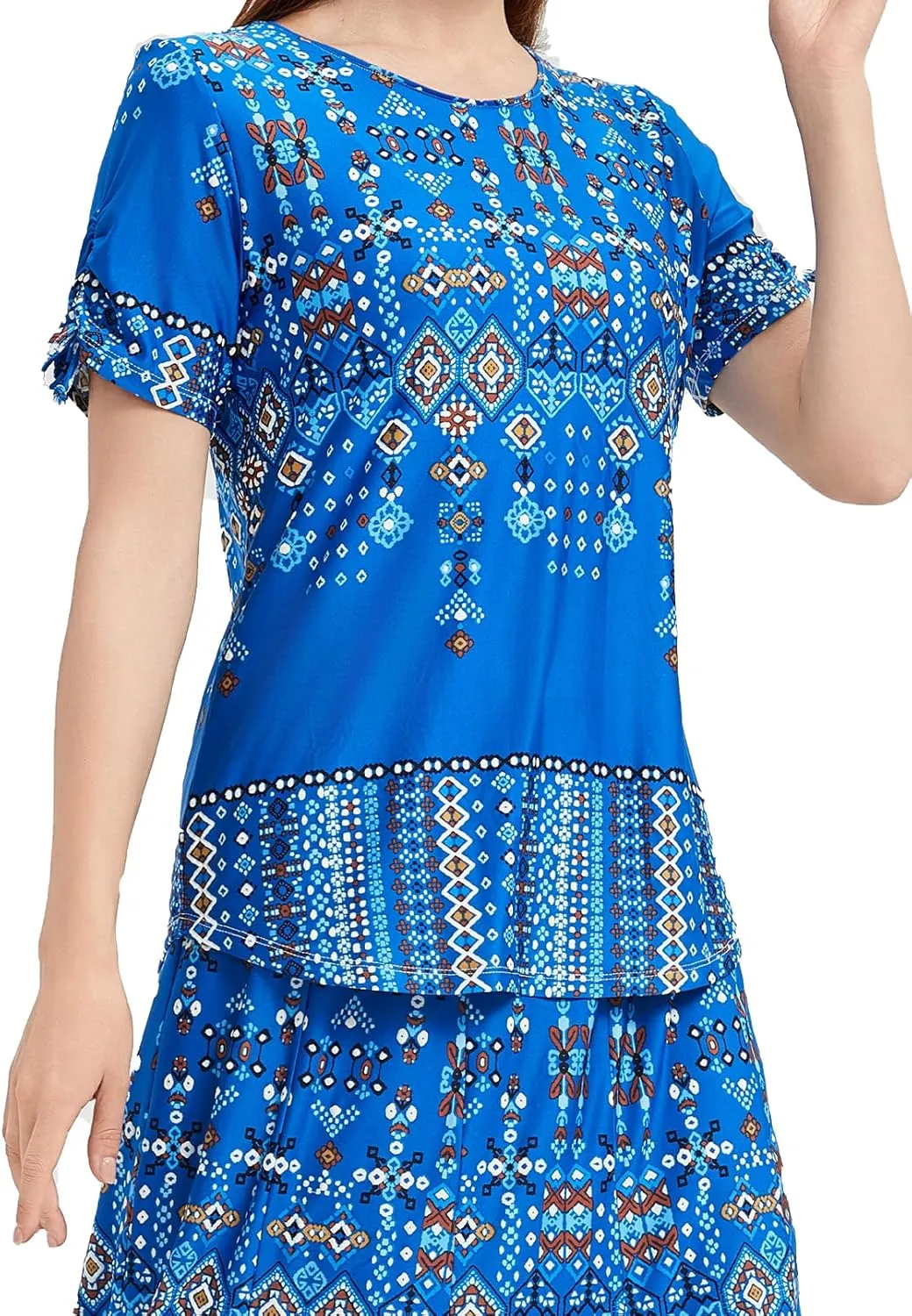 Women's Slim Fit Blue Puff Dot Short Sleeve Round Neck Blouse Casual Comfort for Daily Wear