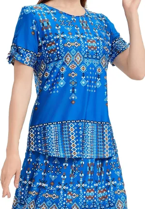 Women's Slim Fit Blue Puff Dot Short Sleeve Round Neck Blouse Casual Comfort for Daily Wear