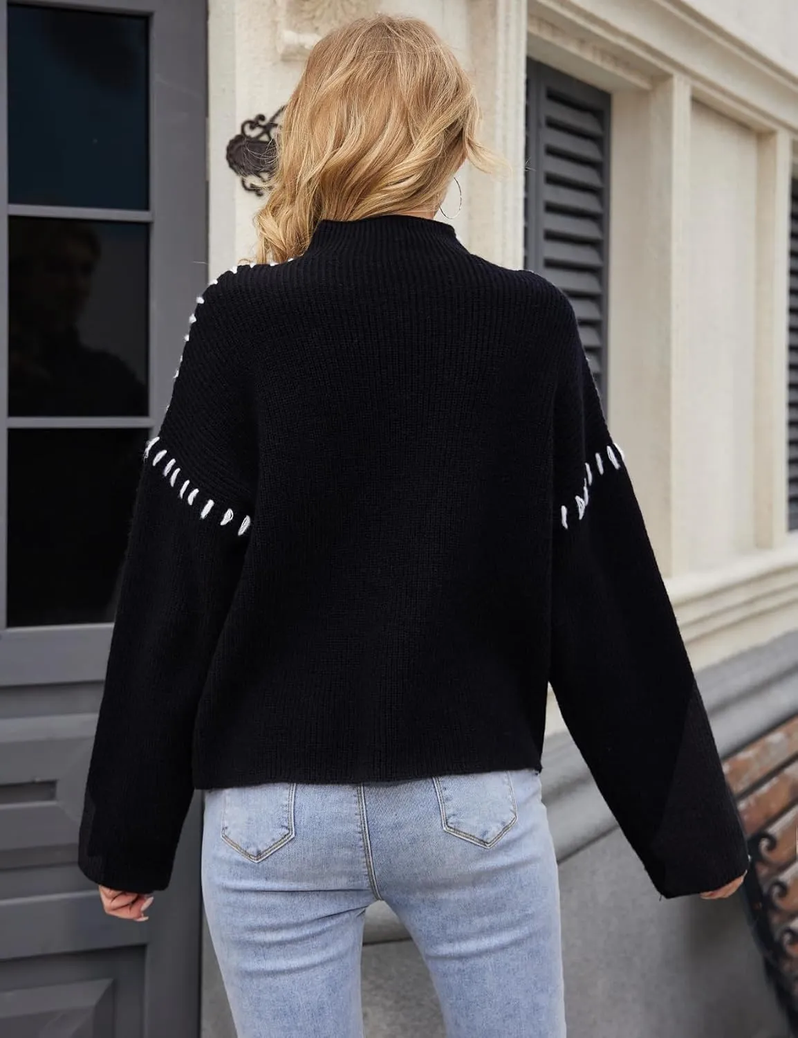 Wyeysyt Women's 2024 Fall Mock Turtleneck Sweater Contrast Stitching Chunky Long Sleeve Knit Sweater Pullover Top