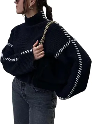 Wyeysyt Women's 2024 Fall Mock Turtleneck Sweater Contrast Stitching Chunky Long Sleeve Knit Sweater Pullover Top