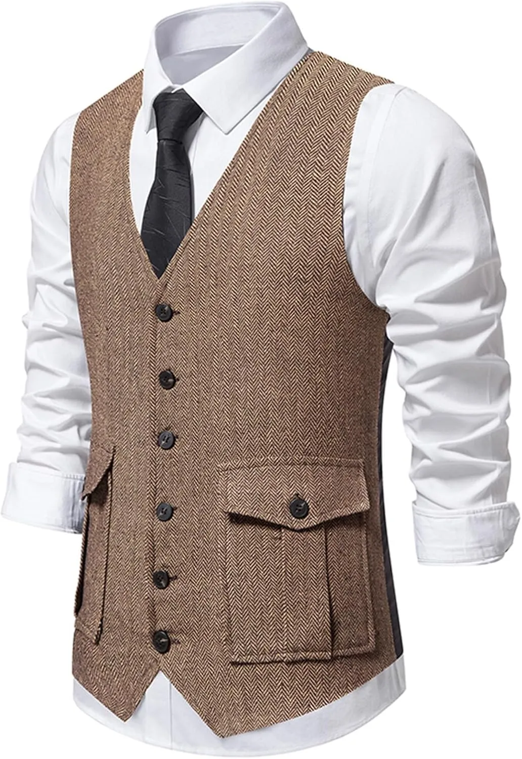 Zeiyignr Men's Herringbone Tweed Suit Vest Casual Wool Blend Waistcoat Single-breasted V Neck Business Formal Dress Vests