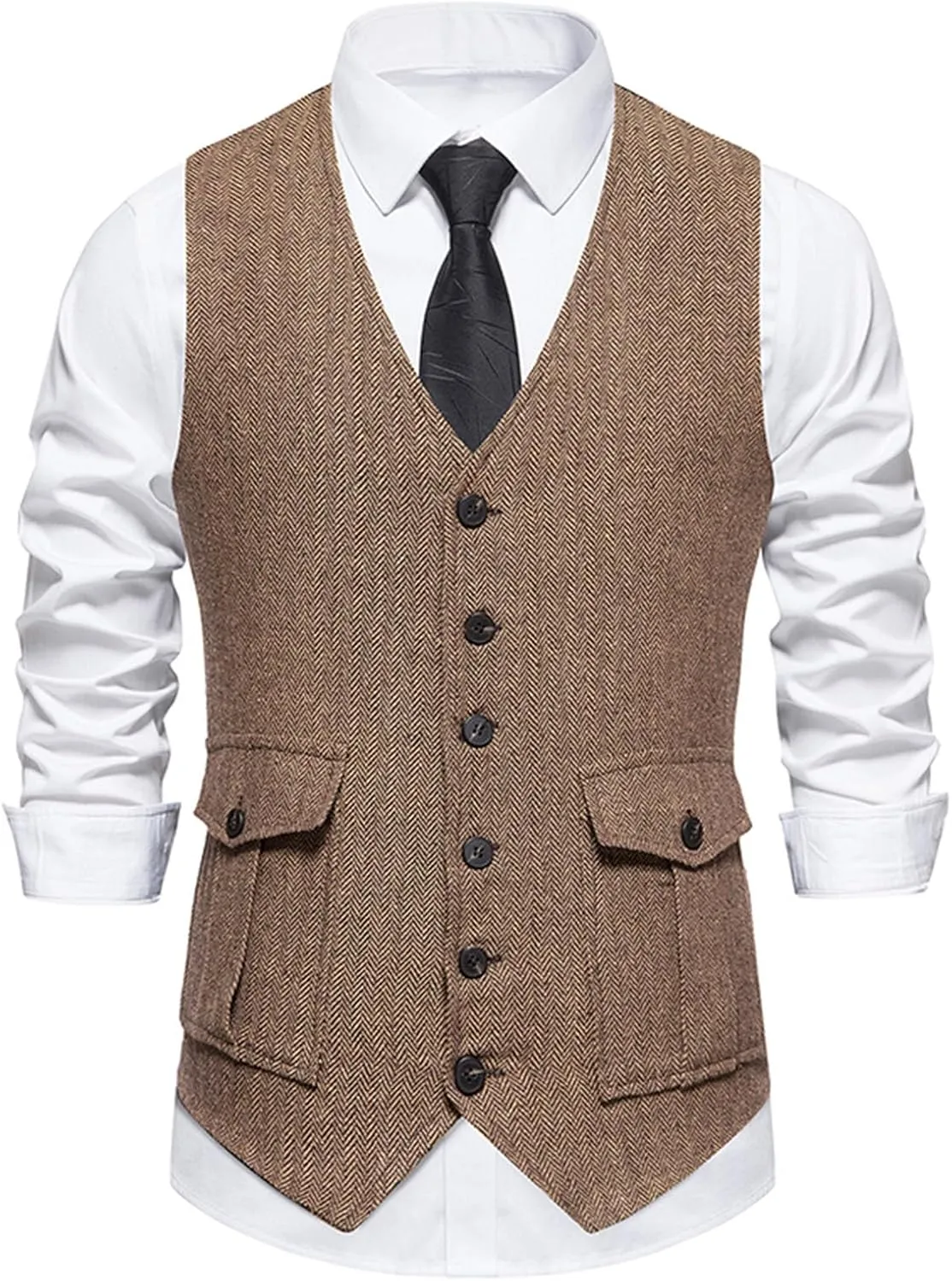 Zeiyignr Men's Herringbone Tweed Suit Vest Casual Wool Blend Waistcoat Single-breasted V Neck Business Formal Dress Vests