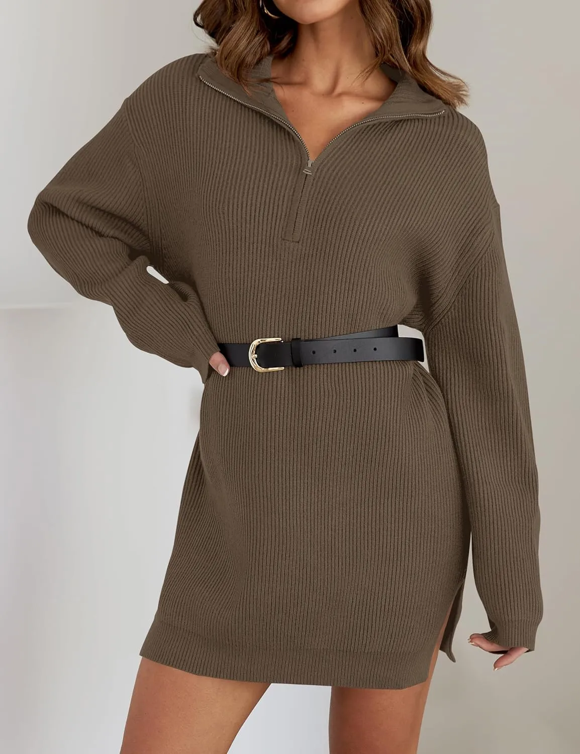 ZESICA Women's Long Sleeve Mini Sweater Dress Fall Quarter Zip Ribbed Knit Oversized Pullover Jumper Sweaters
