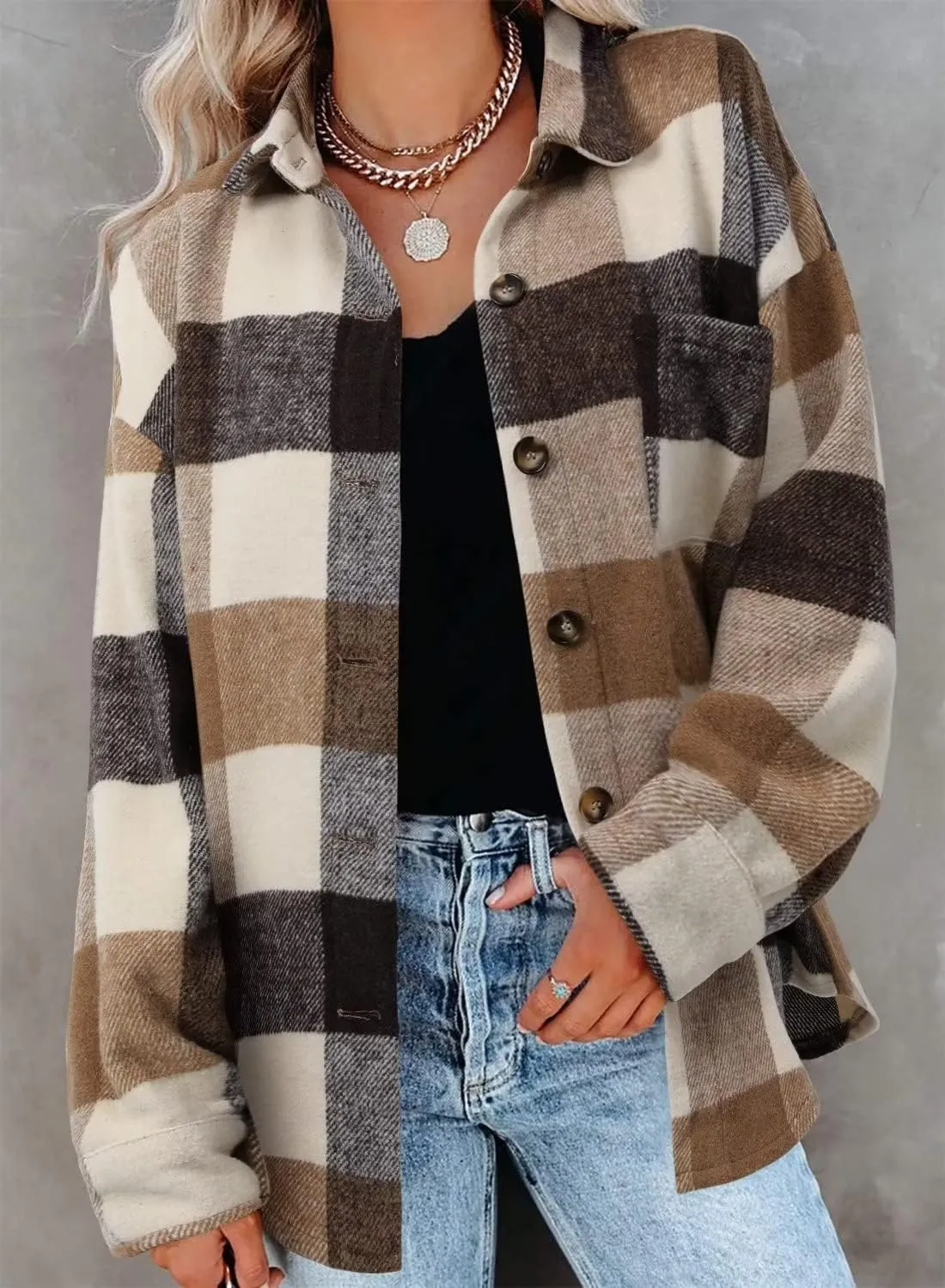 ZOLUCKY Womens Shackets Jacket Plus Size Long Sleeve Button Down Shirts Blouses Tops